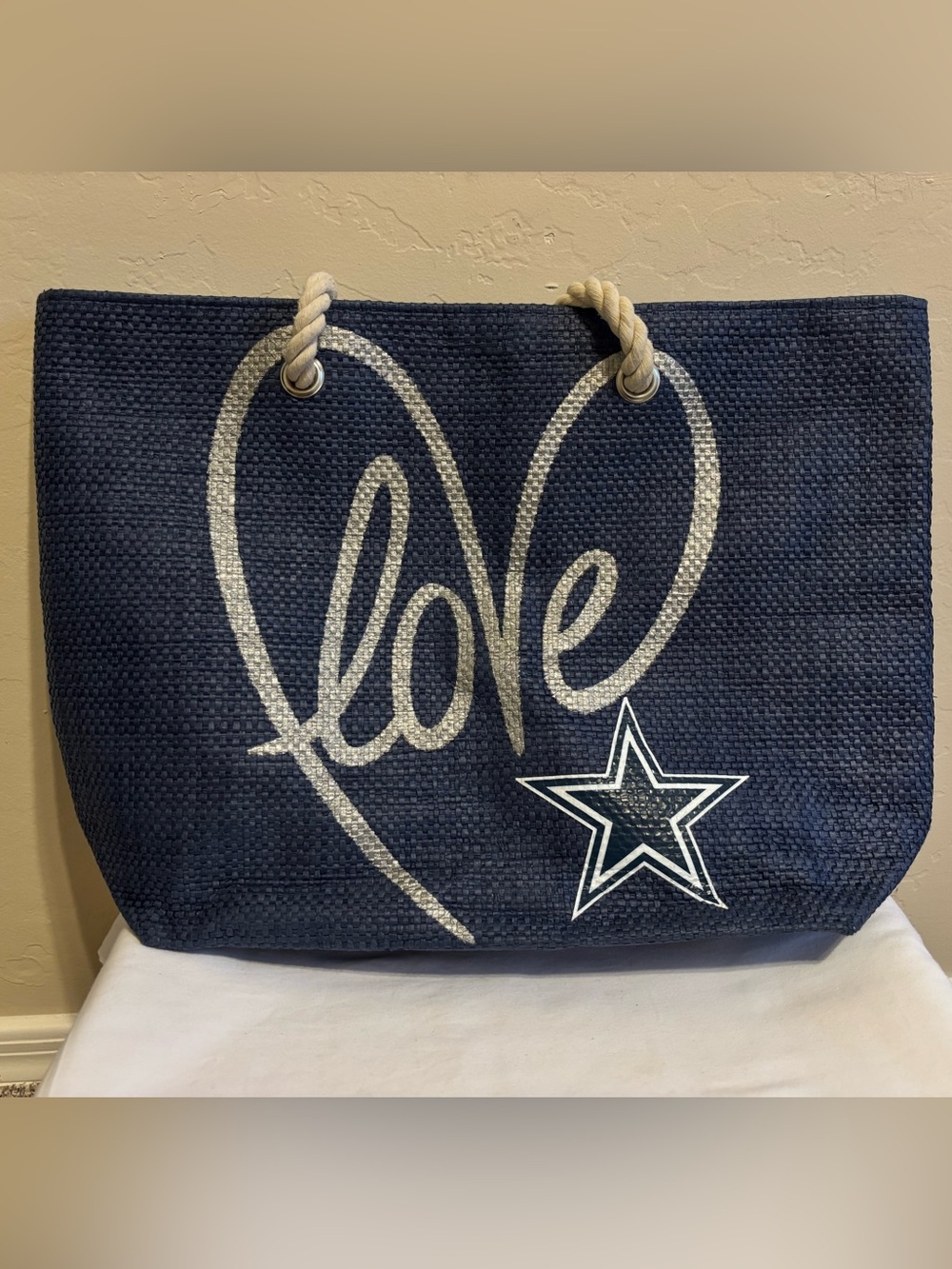 NFL Dallas Cowboys LOVE Blue Woven Paper Rope Handle Tote Bag Little Earth